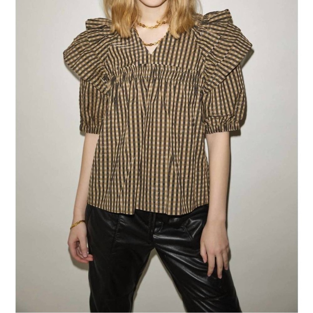 Melissa Nepton Derron Blouse In Green Mini Check Size Small